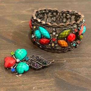 Multicolor Jewel Tone Bronze Cuff Bracelet & Hair Barrette Accessory Lot